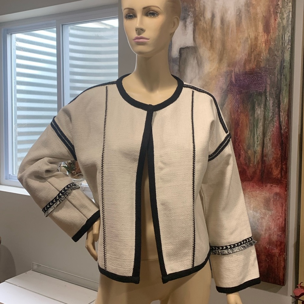 Moon River Anthro Boho Bohemian Cotton & Linen Blend Ivory Jacket with Black Tri